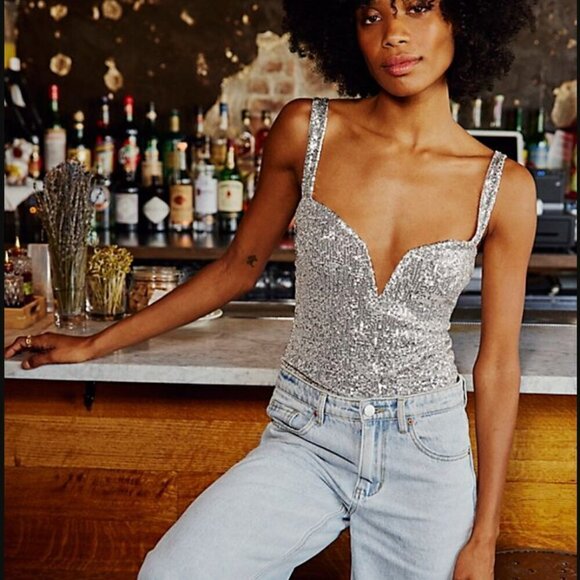 Free People Tops - NWT Intimately Free People Sparks Fly Corset Bodysuit Silver Sequence Sz XL